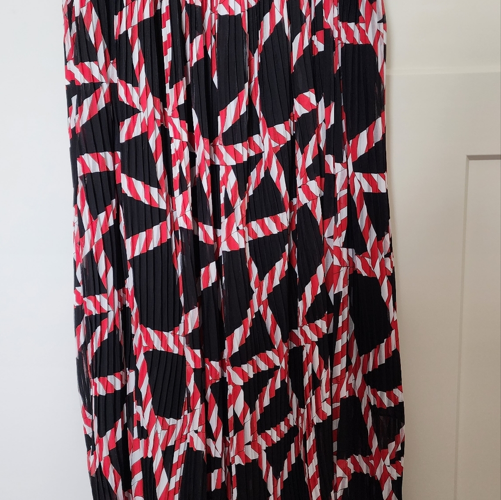 Nema Avenue Midi Pleated Lined Skirt, Black w/Red, White Stripes 3X NWT